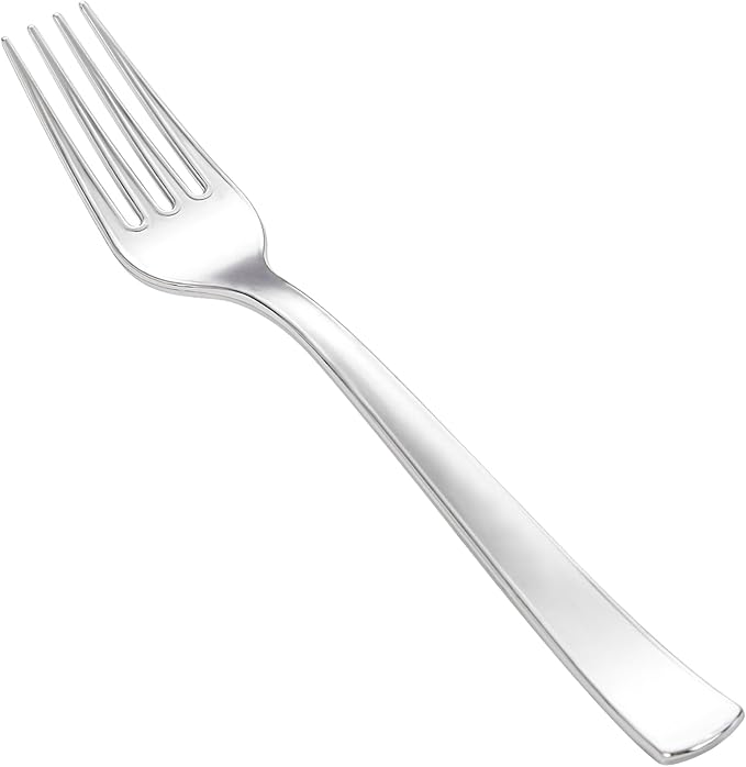 YOUBET 50PCS Silver Plastic Forks - Heavy Duty Plastic Forks - Solid Durable Silver Disposable Silverware for Party Picnic Wedding and Daily Use