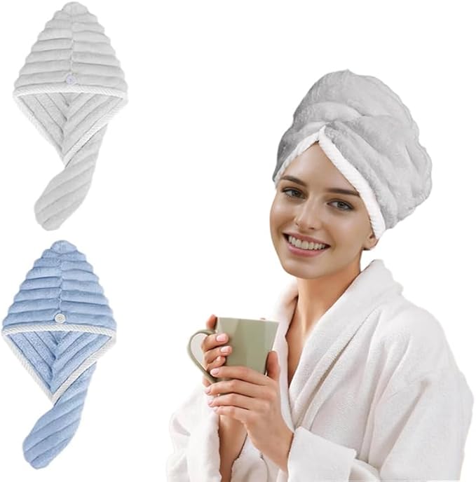 Microfiber Hair Towel Wrap, 2Pack Thickened Drying Hair Wraps Towels with Button. Super Absorbent Drying Hair Towel Wrap for Curly Hair, Anti Frizz Towel for Women. (Blue+Gray)