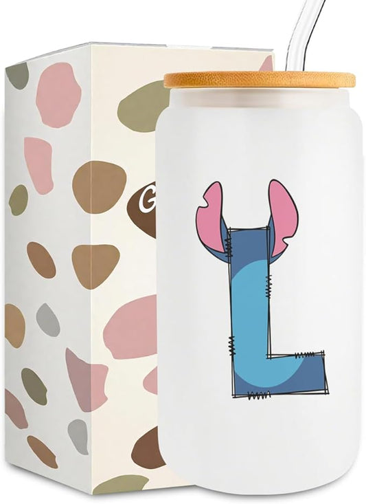 Cute Cartoon Lover Gifts Initial A-Z Personalized Iced Coffee Cup Cartoon Merch 16oz Glass Cup with Lid and Straws Birthday Christmas Gifts for Women Teen Girls Fans (Letter L)