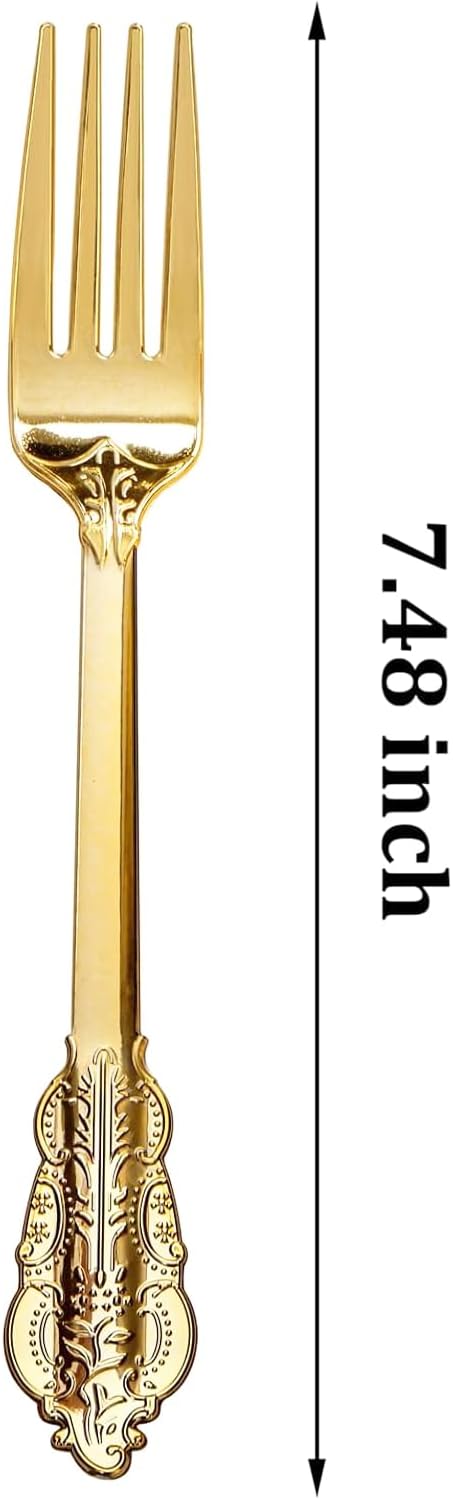 WDF 100 Piece Gold Forks Disposable - 7.48 Inch Gold Plastic Forks - Baroque Plastic Silverware for Dessert Cake - Heavy Duty Thanksgiving for Party, Wedding or Daily Using