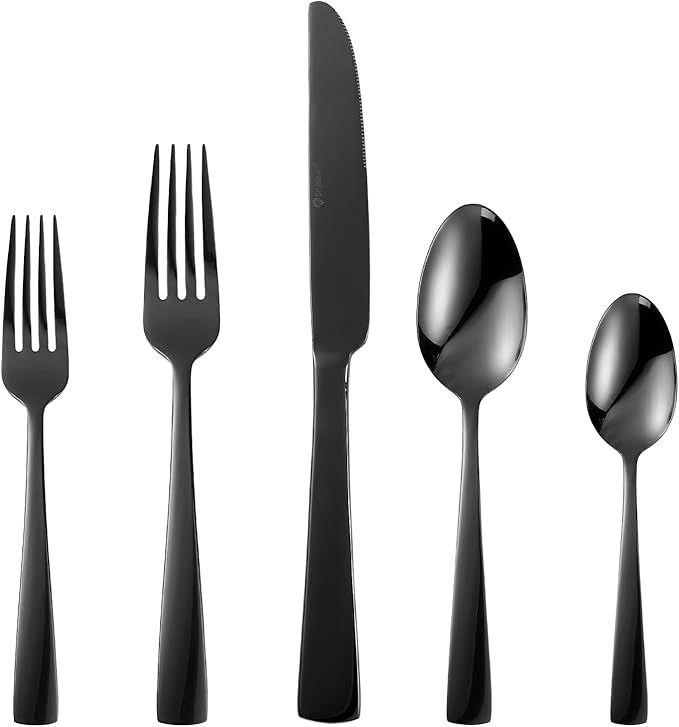 Black Silverware Set, 20-Piece Flatware Set Service for 4, Durable Stainless Steel, Mirror Polished Tableware Eating Cutlery Set, Kitchen Utensils Set with Steak Knives, Dishwasher Safe