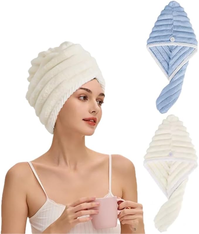 Microfiber Hair Towel Wrap, 2Pack Thickened Drying Hair Wraps Towels with Button. Super Absorbent Drying Hair Towel Wrap for Curly Hair, Anti Frizz Towel for Women(Blue+ Off White)