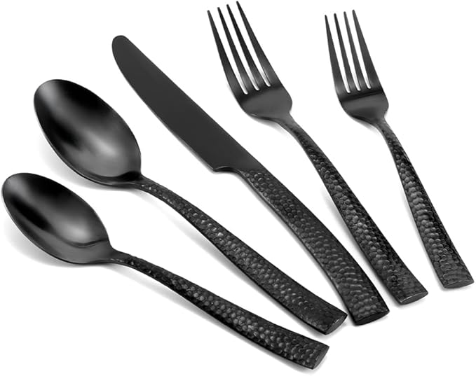 Silverware Set Flatware Set Matte Black Stainless Steel Forged Hammered Cutlery Set Heavy 60 Pieces Service for 12