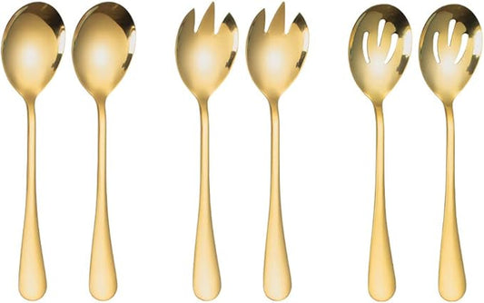 Salad Servers Stainless Steel Salad Serving Set Salad Spoon and Fork Set Kitchen Cooking Utensil Cutlery Gifts Set of 6 (Gold)