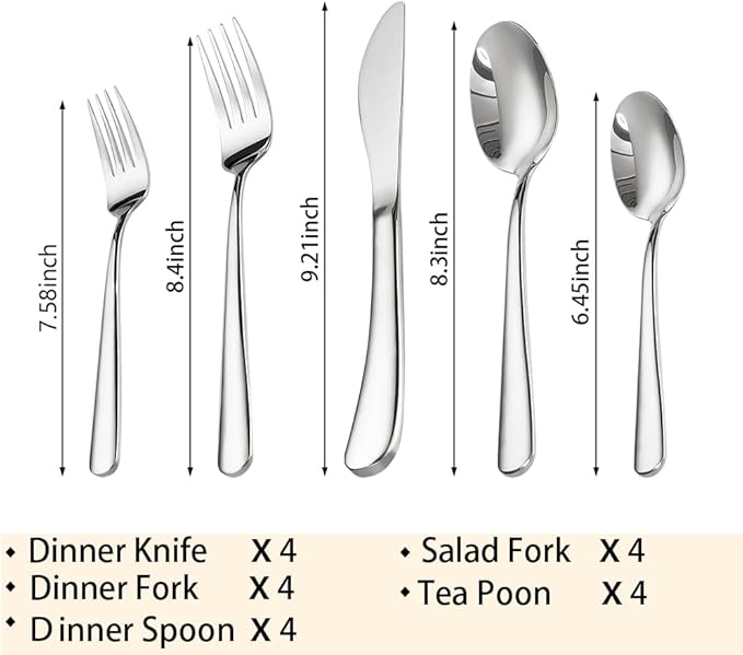20-Piece Everyday Flatware Set for 4 People - Premium 18/10 Stainless Steel,Durable Metal 304 Feeding, Forged Mirror Satin Finish, Dishwasher Safe Cutlery