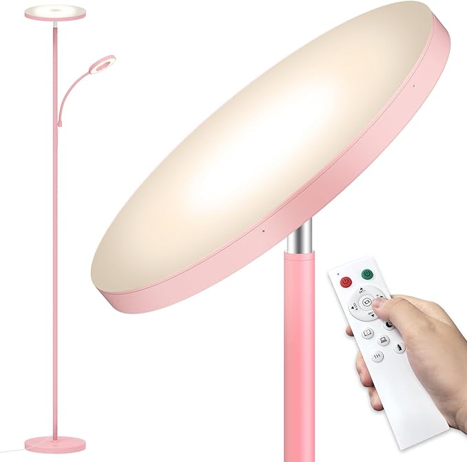 Pink Floor Lamp, 42W 4000LM Super Bright LED Room Lamp with Adjustable Reading Light,Dimmable Modern Standing Lamp with Remote & Touch Control for Room Bedroom Office Floor Light
