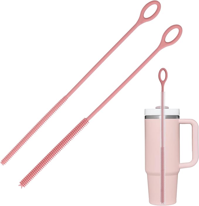Silicone Straw Cleaner Brush, 2Pcs Reusable Straw Brush Extra Long for Cleaning Tumbler with Handle and Glass Metal Smoothie Straws, Non-slip Handle Soft and Bendable, 6mm+9mm (Pink)