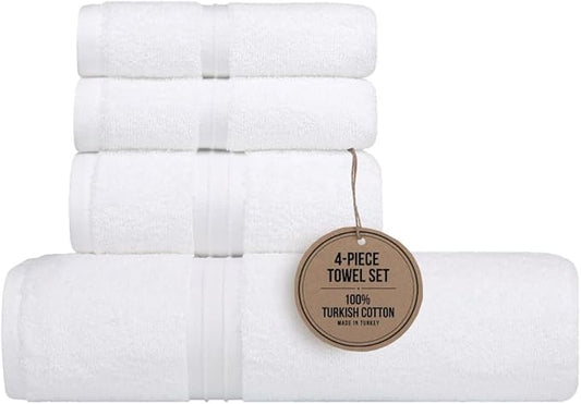 Luxury Bath Towels Set of 4 - Luxury & Soft 100% Cotton, Absorbent, Soft - Includes 1 Shower Towel (28" x 56"), 1 Bath Hand Towel (16"x28") and 2 Wash Cloths (12"x12") - White