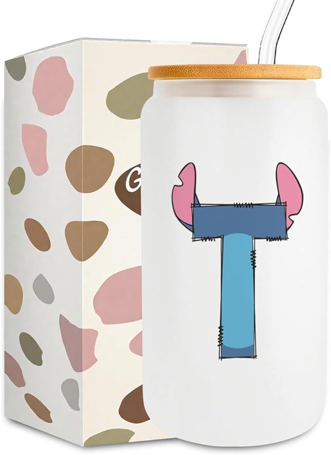 Cute Cartoon Lover Gifts Initial A-Z Personalized Iced Coffee Cup Cartoon Merch 16oz Glass Cup with Lid and Straws Birthday Christmas Gifts for Women Teen Girls Fans (Letter T)