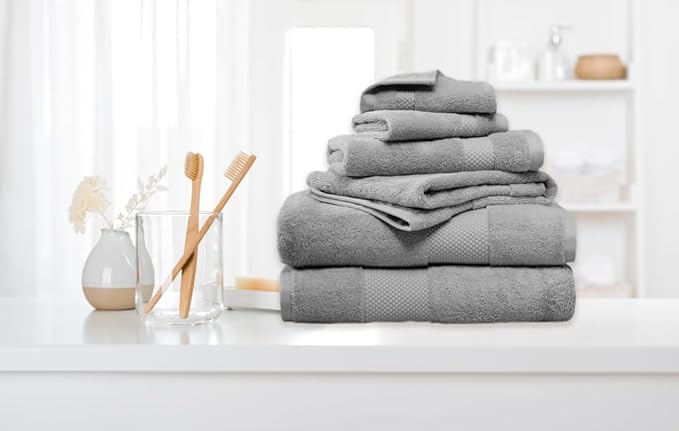 Farm to Home 100% Organic Christmas Bath Towel Set of 6 – GOTS & Oeko-TEX Certified Organic Cotton, Soft, Ultra Absorbent, Quick Dry - Includes 2 Bath Towels, 2 Hand Towels, 2 Washcloths - Stone