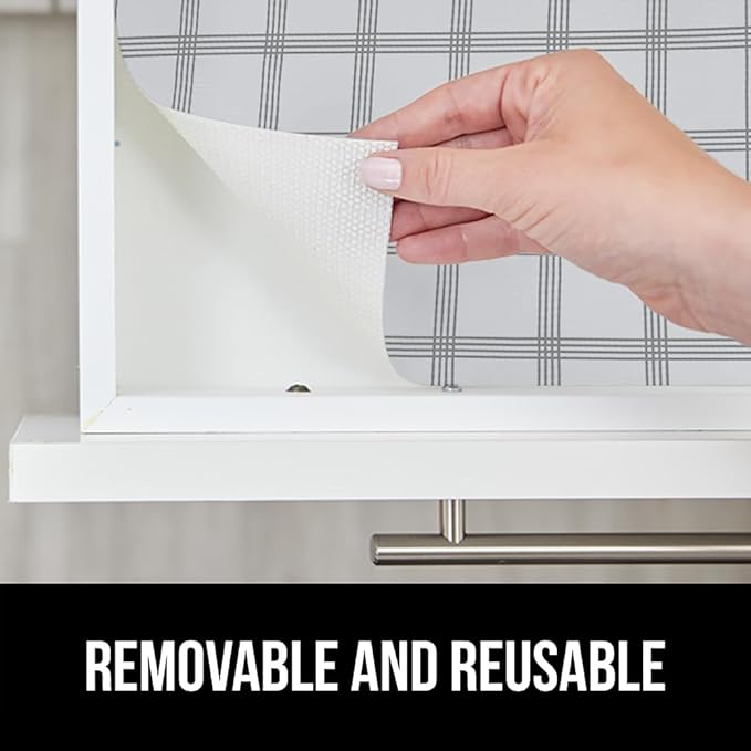 GORILLA GRIP DripGuard Shelf Liner, Non Adhesive Drawer and Kitchen Cabinet Protector, Slip Resistant BPA Free Smooth Surface Plastic Liners for Cabinets, Bathrooms, Closets, 17.5x120 Inch Gray Stripe