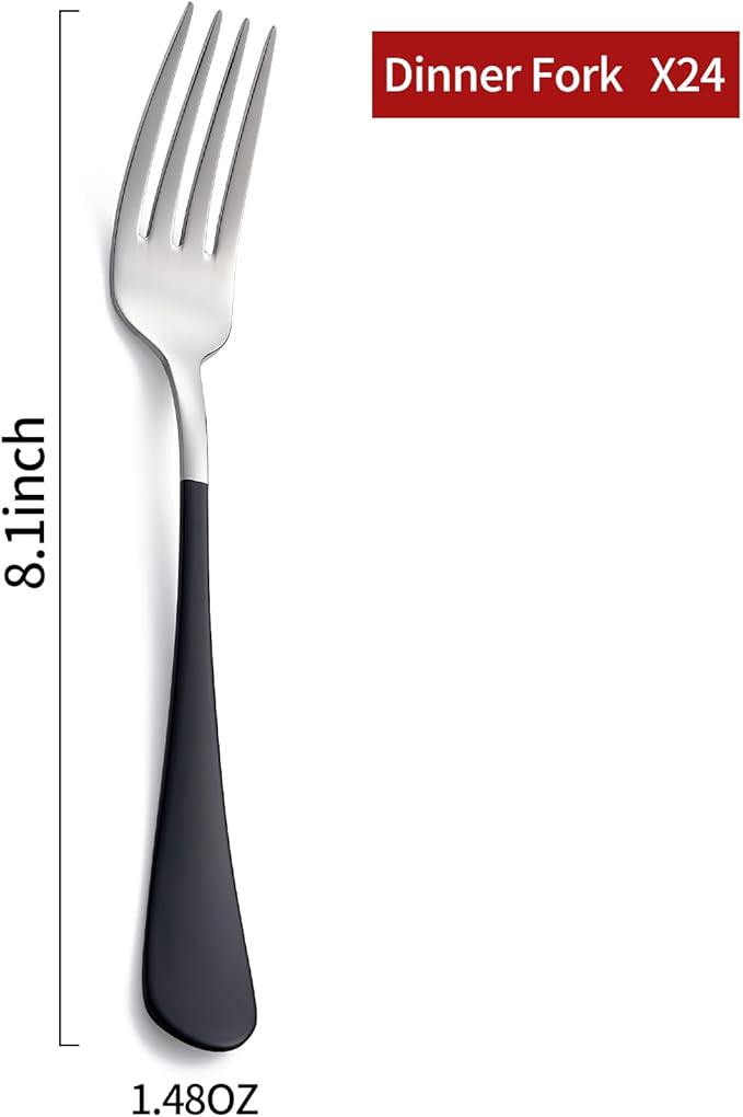 Black Dinner Fork, 18/0 Black handle Stainless Steel Satin Finish 8.1-inch Silverware Flatware Fork Set, Set of 24, Dishwasher Safe