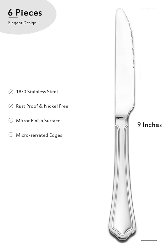 E-far Dinner Knives Set of 6, 9 Inch Stainless Steel Serrated Steak Butter Knife for Home Kitchen Restaurant, Scalloped Edge & Non-toxic - Dishwasher Safe