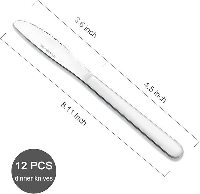 12 Pieces Dinner Knives Set, 8.1 Inches Table Knives Set, Durable Butter Knife, Food Grade Stainless Steel Dinner Knife, Cost-effective Knive Silverware - Mirror Polished, Dishwasher Safe