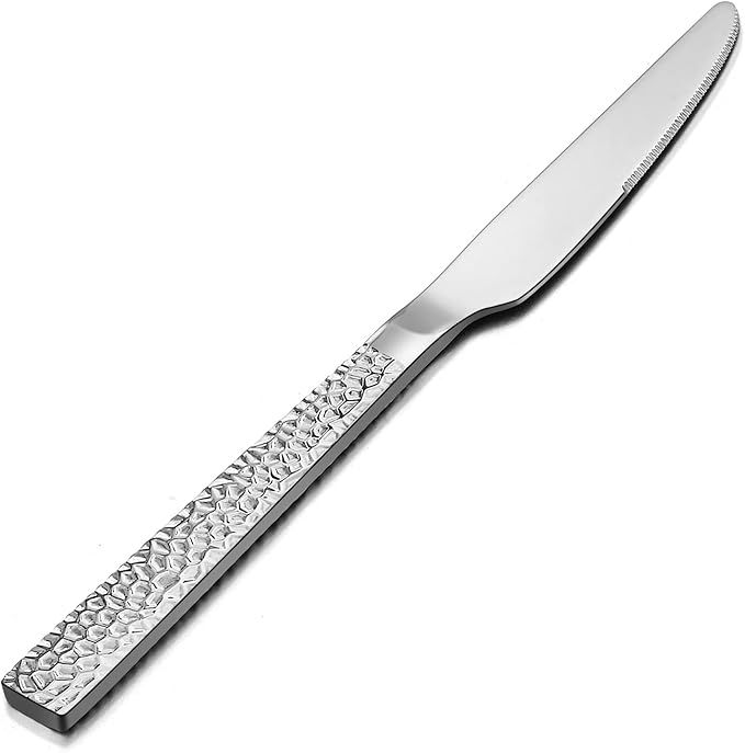 E-far Hammered Dinner Knives Set of 12, 8.9 Inch Stainless Steel Serrated Steak Butter Knife for Home Kitchen Restaurant, Modern Design & Square Edge, Mirror Finish & Dishwasher Safe