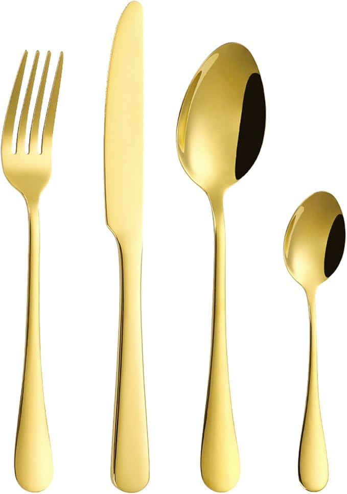 24 pcs Flatware Set, Gold Stainless Steel Flatware Set for 6, Knife Fork Spoon, Home Dinnerware Tableware Set for 6, Cutlery Set, Include Knives/Forks/Spoons