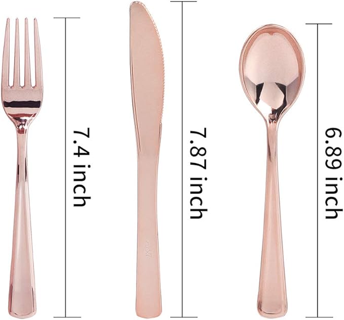 WDF 300 Pieces Rose Gold Plastic Silverware- Disposable Flatware Set - Heavy Duty Plastic Cutlery Includes 100 Forks, 100 Spoons, 100 Knives Perfect for Valentines day, Wedding, Party