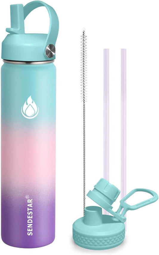 SENDESTAR Stainless Steel Wide Mouth Water Bottle 24oz Double Wall Vacuum Insulated Leak Proof Bottle with New Flex Straw Lid & Spout Lid
