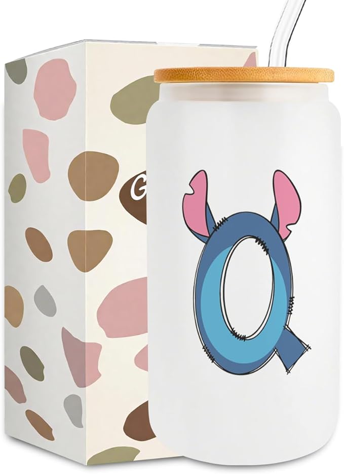 Cute Cartoon Lover Gifts Initial A-Z Personalized Iced Coffee Cup Cartoon Merch 16oz Glass Cup with Lid and Straws Birthday Christmas Gifts for Women Teen Girls Fans (Letter Q)