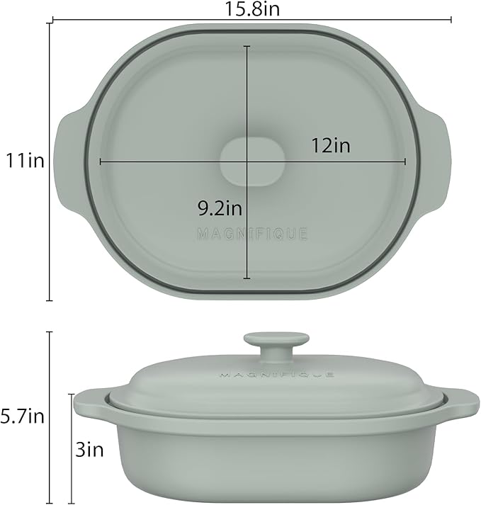 MAGNIFIQUE Casserole Dishes for Oven, 9x12 Porcelain Baking Dish, 4 Quarts Lasagna Pan with Handles and Lid, Oven Safe up to 500°F or on Stovetop, Use to Marinate, Cook, Bake, and Serve, Olive