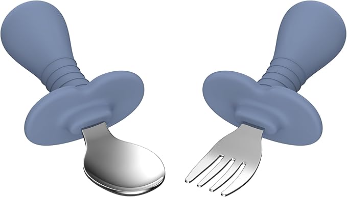 2 Pieces Toddler Utensils Forks and spoons set, Stainless Steel Childrens Silverware for Safe flatware Metal Kids Cutlery set with Round Handle, BPA Free, Anti-Choke Design (Dark Blue)