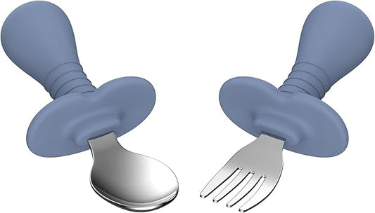 2 Pieces Toddler Utensils Forks and spoons set, Stainless Steel Childrens Silverware for Safe flatware Metal Kids Cutlery set with Round Handle, BPA Free, Anti-Choke Design (Dark Blue)