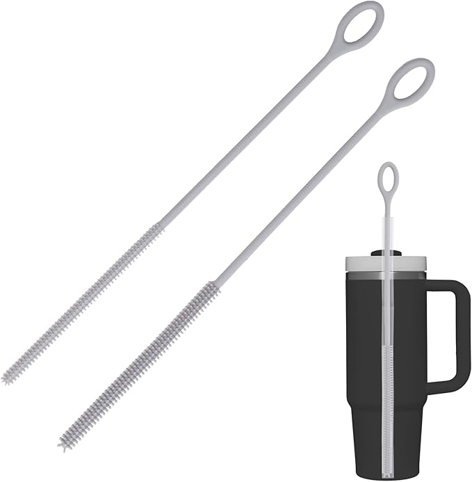 Silicone Straw Cleaner Brush, 2Pcs Reusable Straw Brush Extra Long for Cleaning Tumbler with Handle and Glass Metal Smoothie Straws, Non-slip Handle Soft and Bendable, 6mm+9mm (Gray)