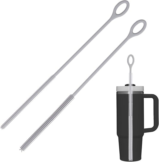 Silicone Straw Cleaner Brush, 2Pcs Reusable Straw Brush Extra Long for Cleaning Tumbler with Handle and Glass Metal Smoothie Straws, Non-slip Handle Soft and Bendable, 6mm+9mm (Gray)