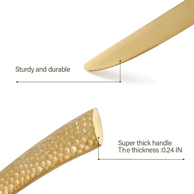 Gold Silverware Set Flatware Set Matte Finished Stainless Steel Hammered Heavy Cutlery Set 20 Pieces Service for 4