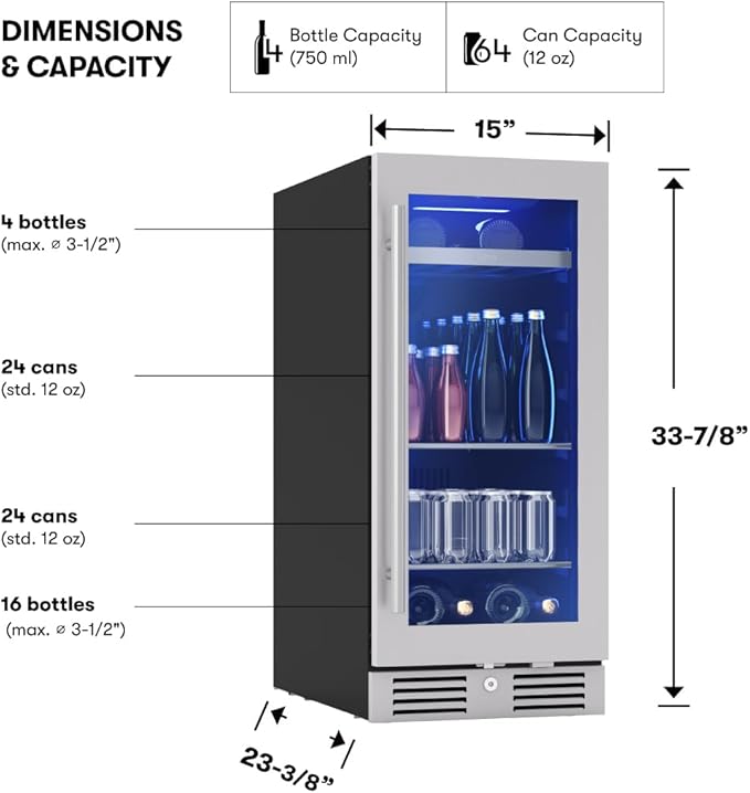 Zephyr Presrv 15" Slim Wine Fridge & Beverage Refrigerator Single Zone Under Counter - Narrow Mini Wine Cooler Small Beer Cabinet Drink Chiller Freestanding with Glass Door, 4 bottles, 64 cans