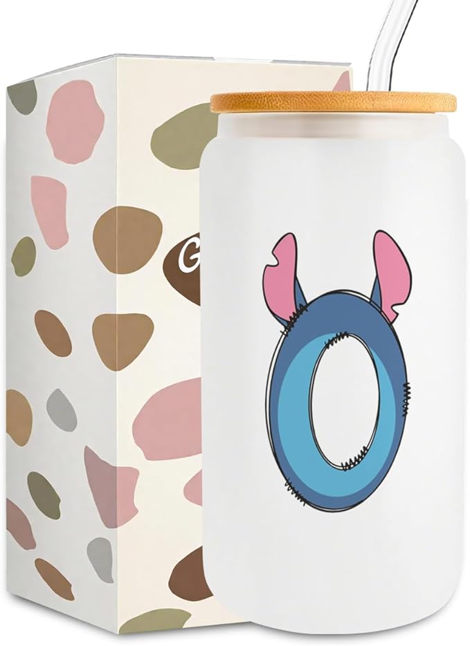 Cute Cartoon Lover Gifts Initial A-Z Personalized Iced Coffee Cup Cartoon Merch 16oz Glass Cup with Lid and Straws Birthday Christmas Gifts for Women Teen Girls Fans (Letter O)