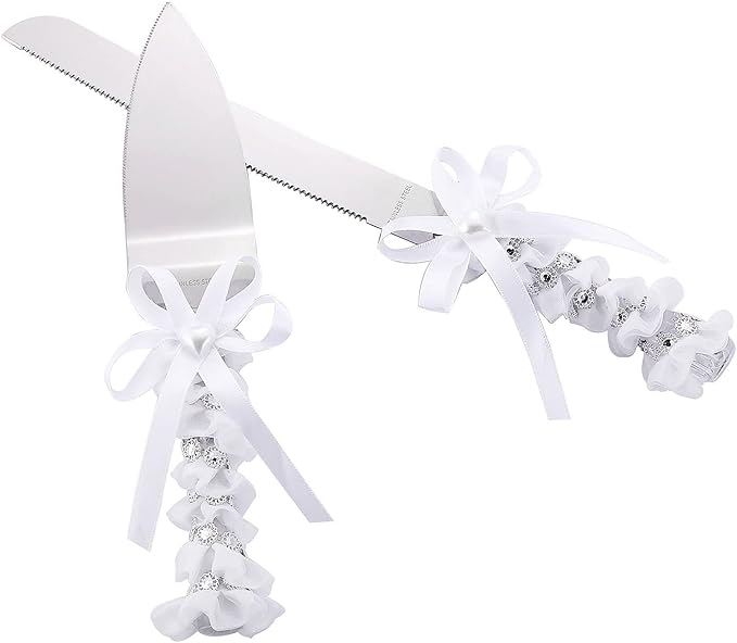 TANG SONG Elegant Stainless Steel Wedding Cake Knife and Serving Set Resin Plastic Handle with Heart Beads and Bowknot Riband Lace Design