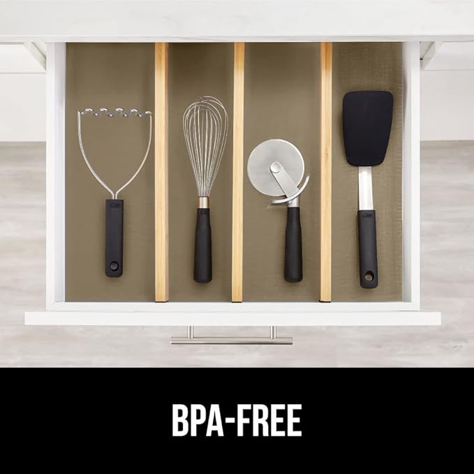 GORILLA GRIP DripGuard Shelf Liner, Non Adhesive Drawer and Kitchen Cabinet Protector, Slip Resistant BPA Free Smooth Surface Plastic Liners for Cabinets, Bathrooms, Closets, 12x240 Inch, Beige