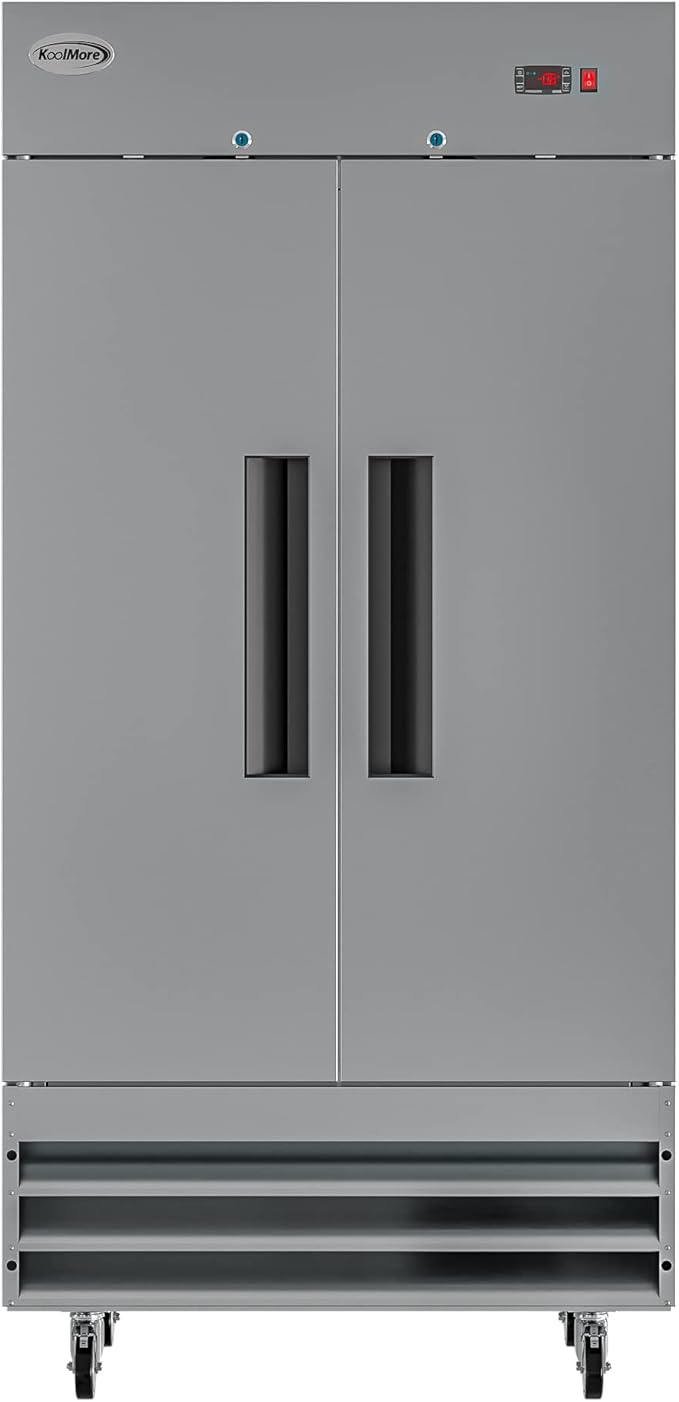 KoolMore Commercial Two Door Reach-in Freezer for Restaurant, Cafe, and Cold Food Storage, Stainless Steel Finish, Large 35 Cu. Ft. Capacity, Heavy Duty Kitchen Use (RIF-2D-SS35C),Silver
