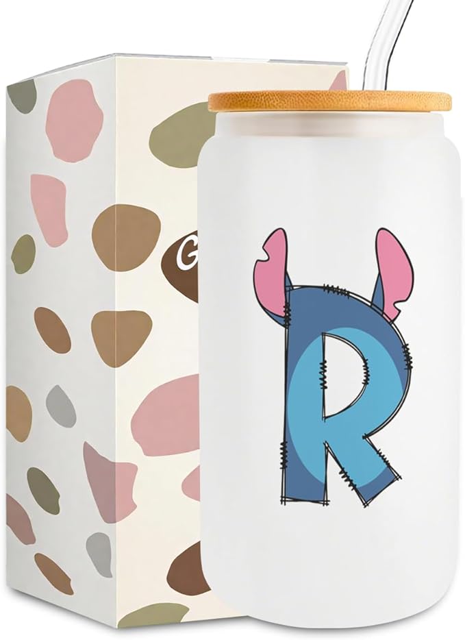 Cute Cartoon Lover Gifts Initial A-Z Personalized Iced Coffee Cup Cartoon Merch 16oz Glass Cup with Lid and Straws Birthday Christmas Gifts for Women Teen Girls Fans (Letter R)