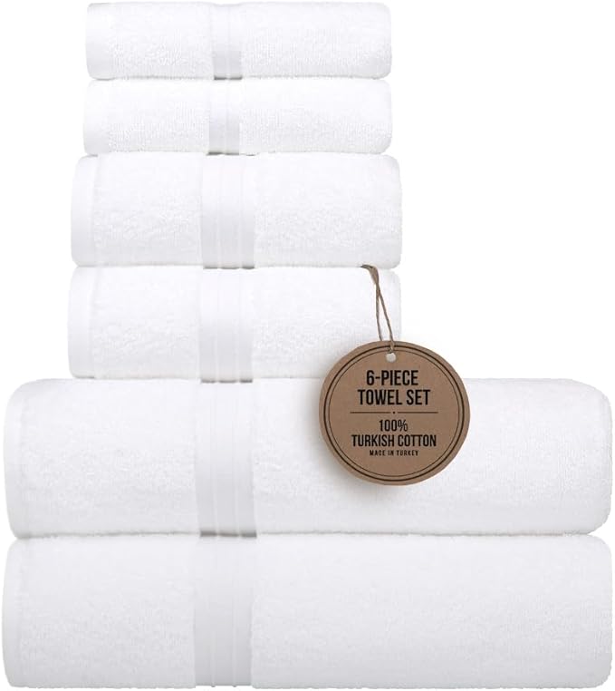 6 Piece Bathroom Towel Set - Luxury & Soft - 100% Cotton, Hotel Quality, Absorbent, Includes 2 Bath Towels (28" x 56"), 2 Hand Towels (16"x28") and 2 Wash Cloths (12"x12") - White