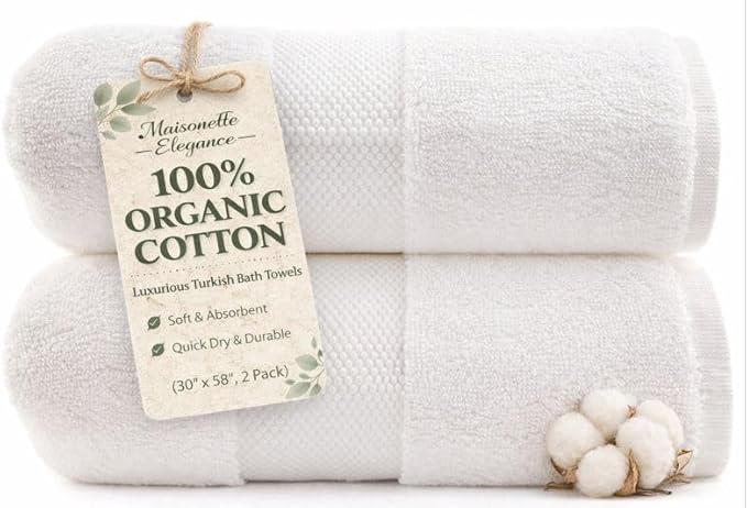 Maisonette Elegance 100% Organic Cotton Turkish Bath Towels, Soft & Absorbent, Ideal Quick Dry Large Bathroom Towel Set for Shower (30" x 58", 2 Pack) - White