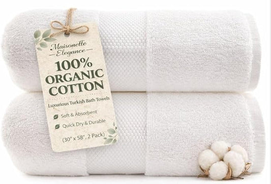Maisonette Elegance 100% Organic Cotton Turkish Bath Towels, Soft & Absorbent, Ideal Quick Dry Large Bathroom Towel Set for Shower (30" x 58", 2 Pack) - White