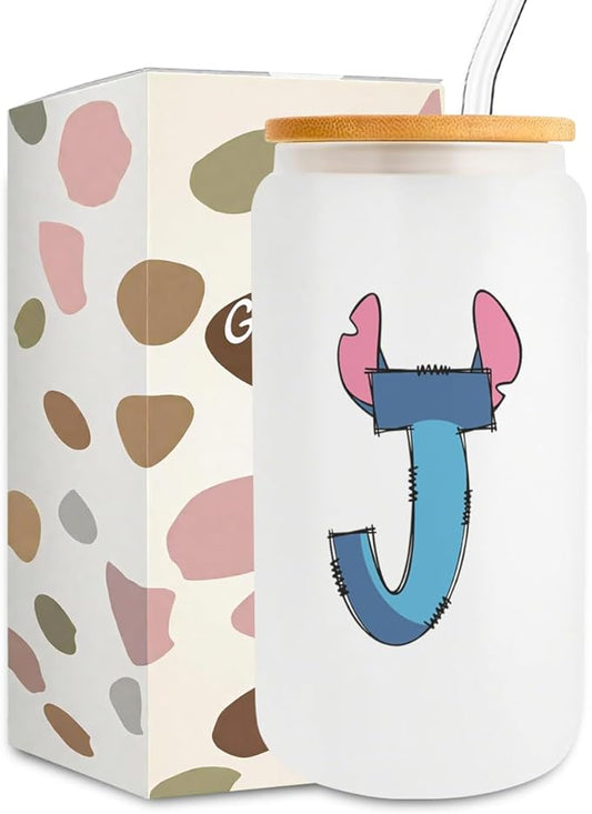 Cute Cartoon Lover Gifts Initial A-Z Personalized Iced Coffee Cup Cartoon Merch 16oz Glass Cup with Lid and Straws Birthday Christmas Gifts for Women Teen Girls Fans (Letter J)
