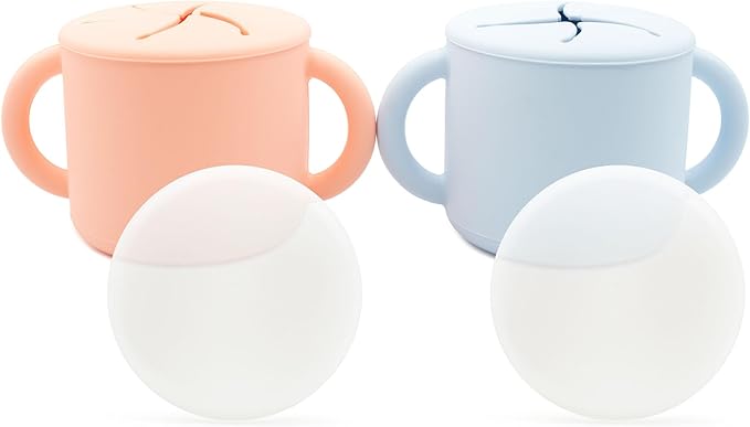 WeeSprout Snack Containers, Food Grade Silicone Cups, Spill-Proof Tops For Toddlers and Babies, Premium Hard Plastic Travel Lids, Dishwasher Safe, Set of 2 Snack Catchers