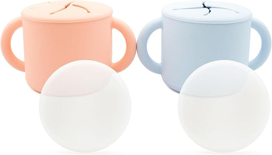WeeSprout Snack Containers, Food Grade Silicone Cups, Spill-Proof Tops For Toddlers and Babies, Premium Hard Plastic Travel Lids, Dishwasher Safe, Set of 2 Snack Catchers