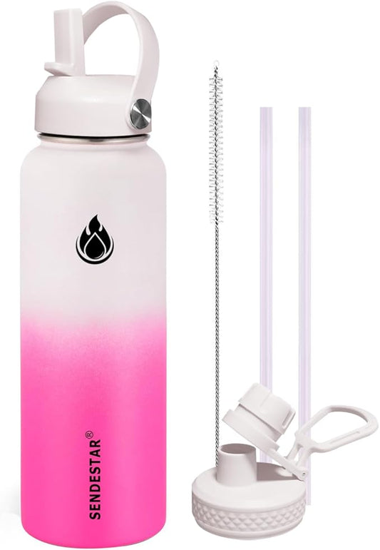 SENDESTAR Stainless Steel Wide Mouth Water Bottle 32oz Double Wall Vacuum Insulated Leak Proof Bottle with New Flex Straw Lid & Spout Lid XIN-WP-32OZ-1