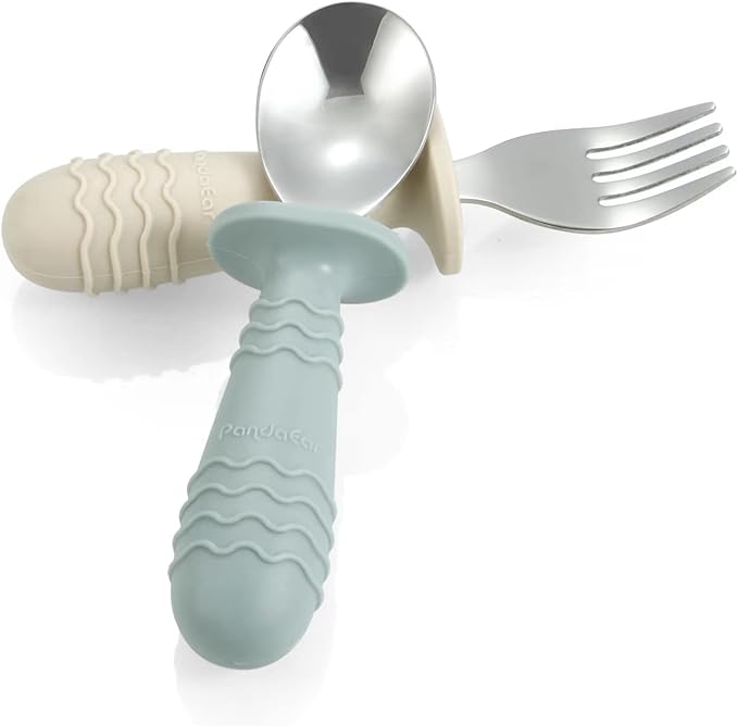 PandaEar 6 Pieces Baby Toddler Silicone Stainless Steel Utensils Silverware Spoon Fork for Baby Toddler BPA Free with Silicone Holding Anti-Choke Design (Blue Pink White)