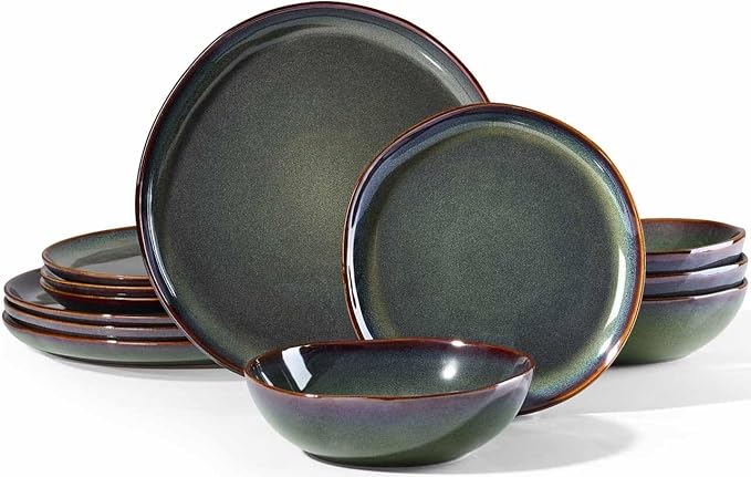 Herogo 12PCS Stoneware Dinnerware Sets, Plates and Bowls Dish Set for 4, Irregular Handmade Dinner Ware Dishware for Kitchen Dinning, Microwave & Dishwasher Safe, Lichen Green