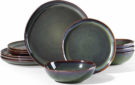 Herogo 12PCS Stoneware Dinnerware Sets, Plates and Bowls Dish Set for 4, Irregular Handmade Dinner Ware Dishware for Kitchen Dinning, Microwave & Dishwasher Safe, Lichen Green