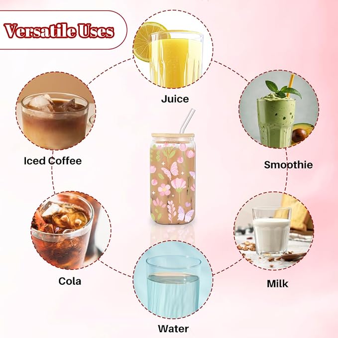 Best Mom Ever Iced Coffee Cup, Floral Butterfly Glass Tumbler, 16 oz Wildflower Aesthetic Coffee Glass Cup with Lid Straw, Mothers Day Christmas Birthday Gifts for Women Mom