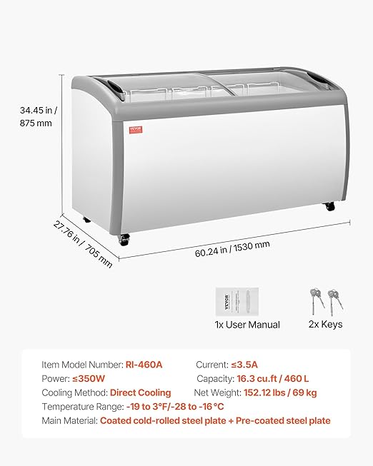 VEVOR Commercial Ice Cream Display Case, 16.3 Cu.ft Chest Freezer, -19 to 3℉ Temp Adjustable Mobile Top Deep Freezer with 5 Wire Baskets, 2 Sliding Glass Doors, Locking Casters & LED Strip Lighting