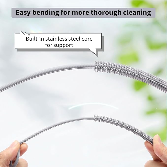 Silicone Straw Cleaner Brush, 2Pcs Reusable Straw Brush Extra Long for Cleaning Tumbler with Handle and Glass Metal Smoothie Straws, Non-slip Handle Soft and Bendable, 6mm+9mm (Gray)