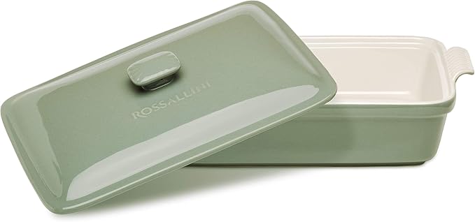 Stoneware Casserole Dish Bakeware Set with Lid, Covered Rectangular Dinnerware, Extra Large 4.23 Quart, 13 by 9 Inch, Verde Salvia [Sage Green]