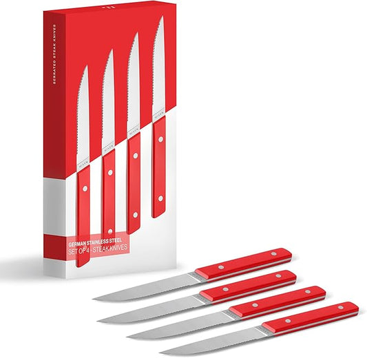 Misen Steak Knives Set of 4 - Precision Serrated Blades for Effortless Dining - German Stainless Steel - Superior Cuts with Four Steak Knives - Comfortable, Sleek Handles - Red
